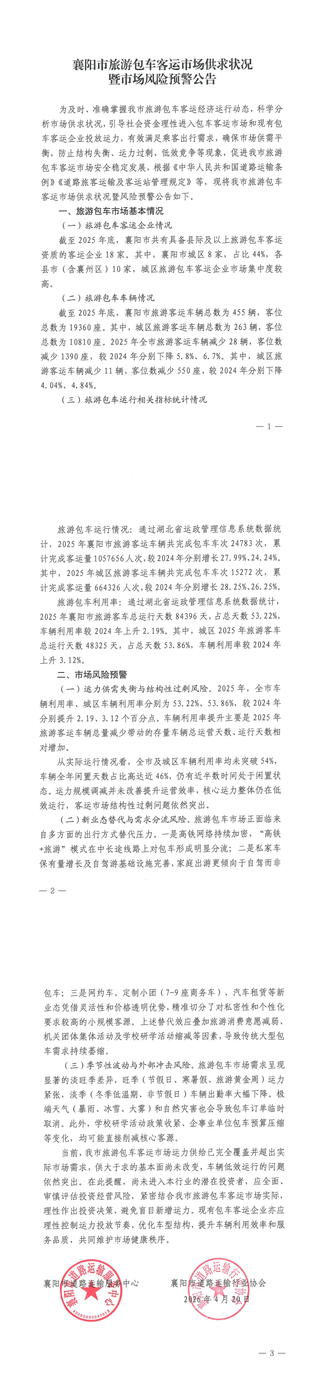 襄阳市旅游包车客运市场供求状况暨市场风险预警公告