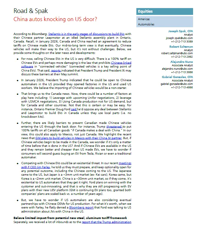 瑞银:2026中国汽车在敲美国市场的大门?