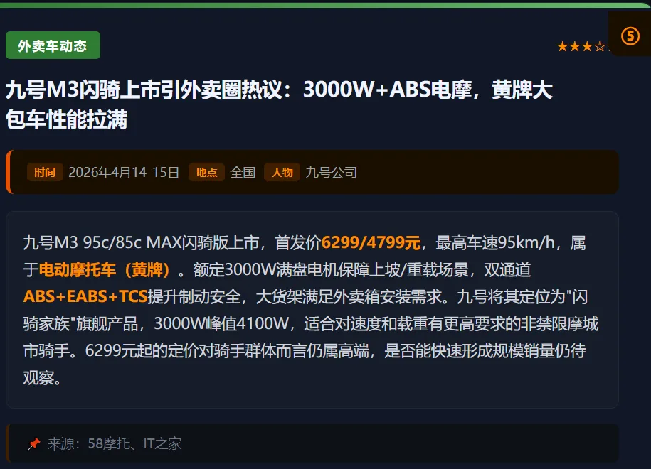 骑手权益制度化 · 市场监管总局重罚平台 · 九号M3闪骑外卖车上市等@20260413