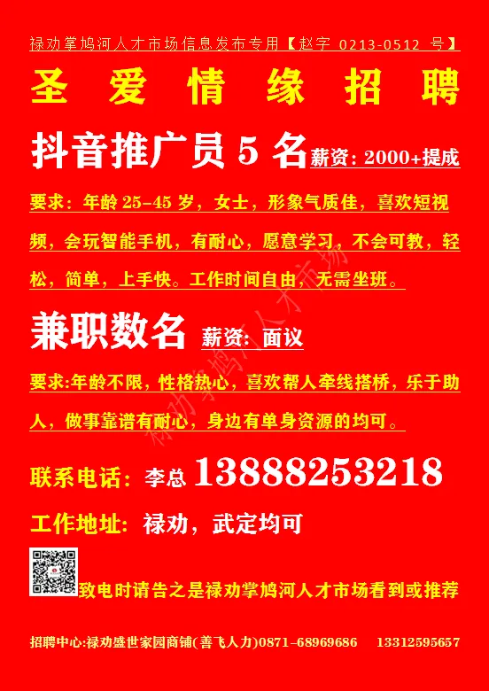【禄武招聘】禄劝掌鸠河人才市场本地招聘汇总第0421期