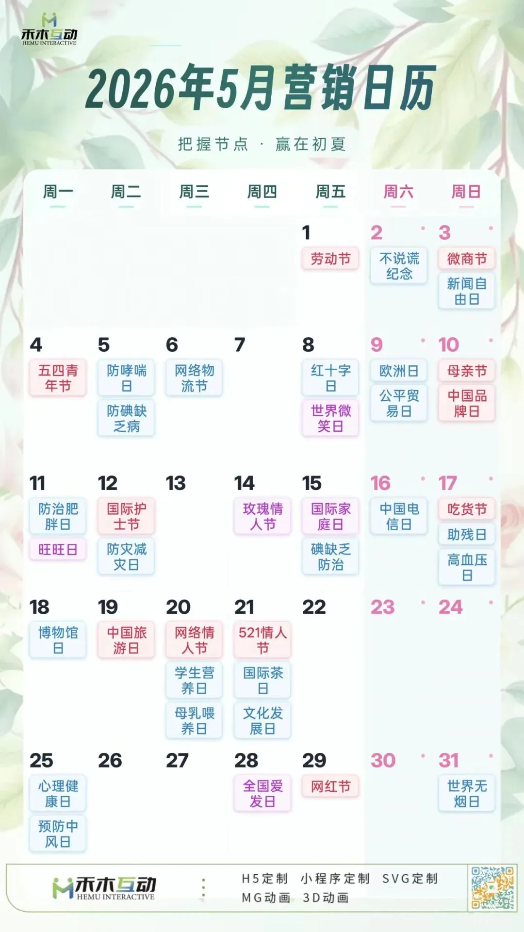 2026年5月份营销日历(重要营销节点:五一劳动节、青年节、母亲节、预热618)