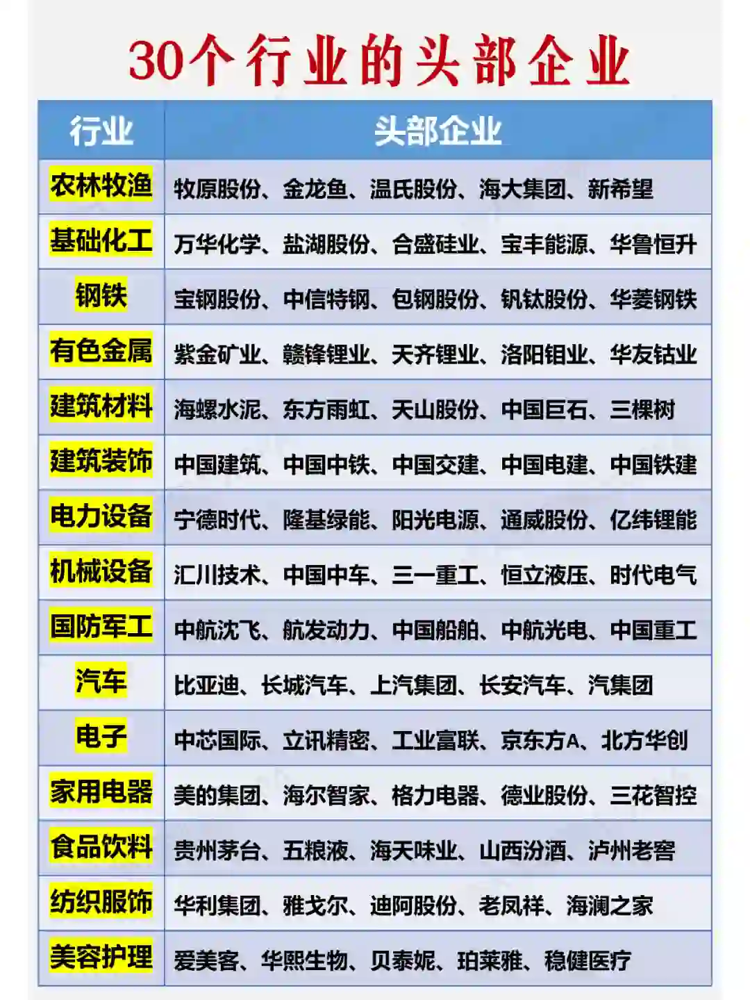 30个行业的头部企业??