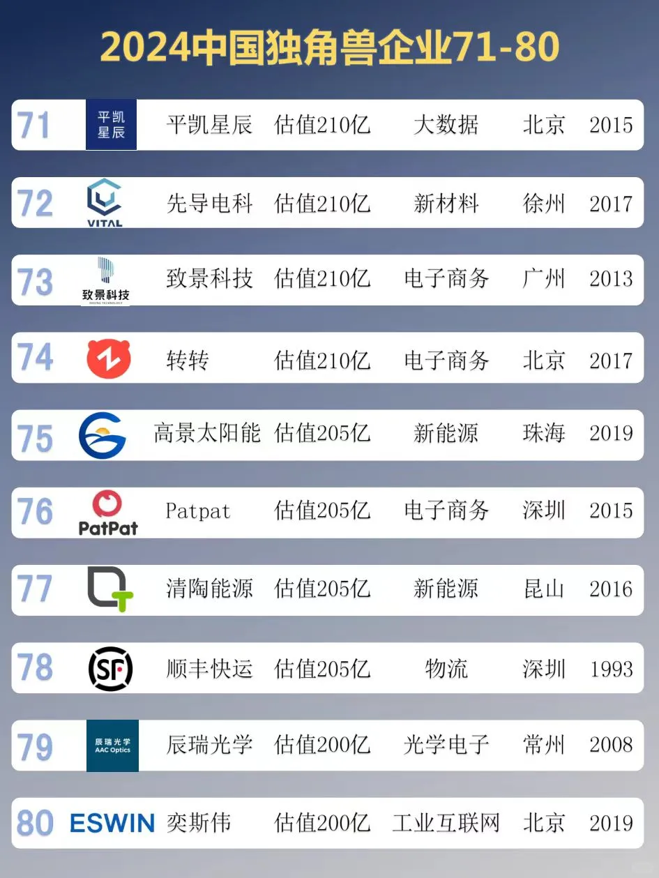 2024中国独角兽企业TOP100