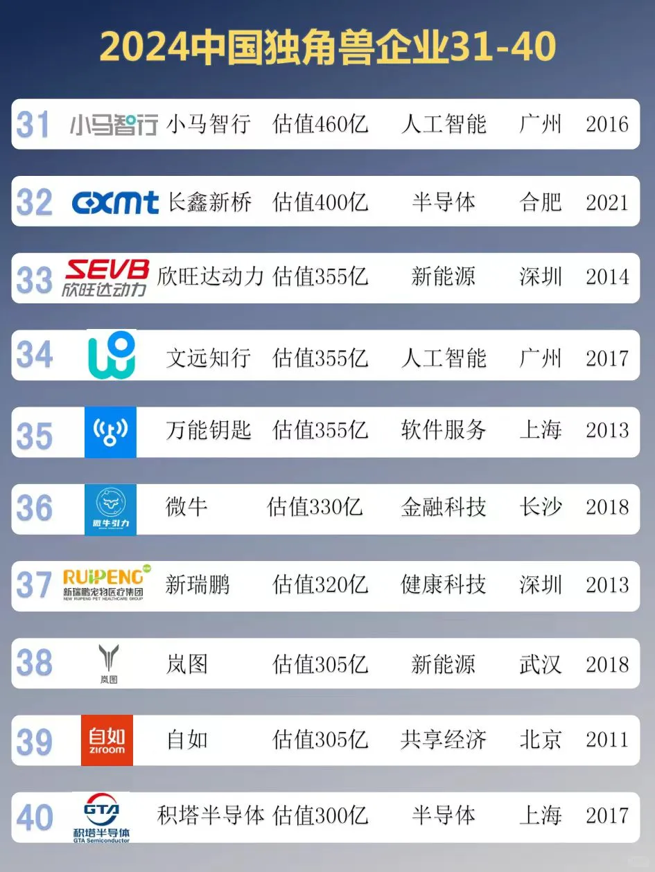 2024中国独角兽企业TOP100