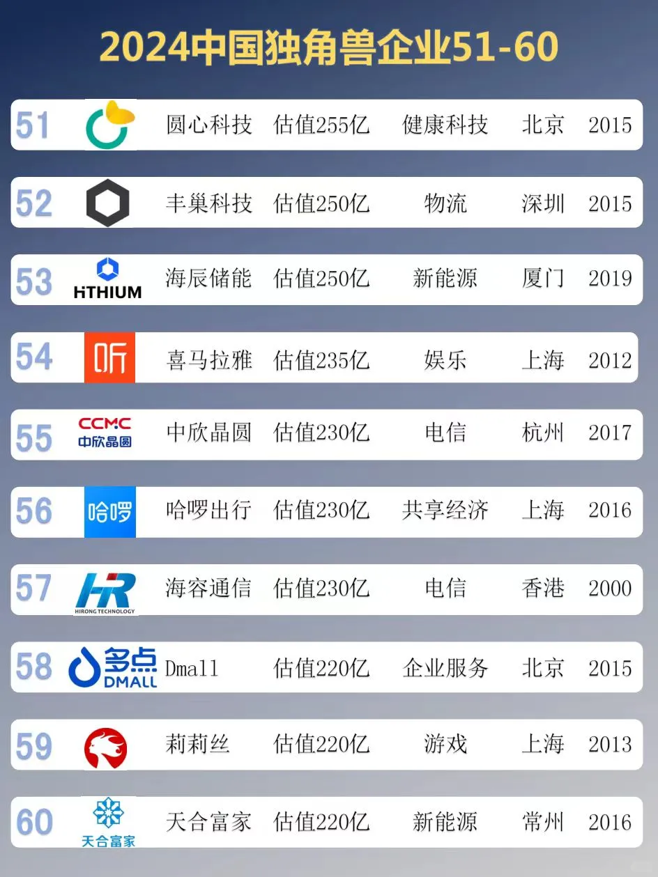 2024中国独角兽企业TOP100