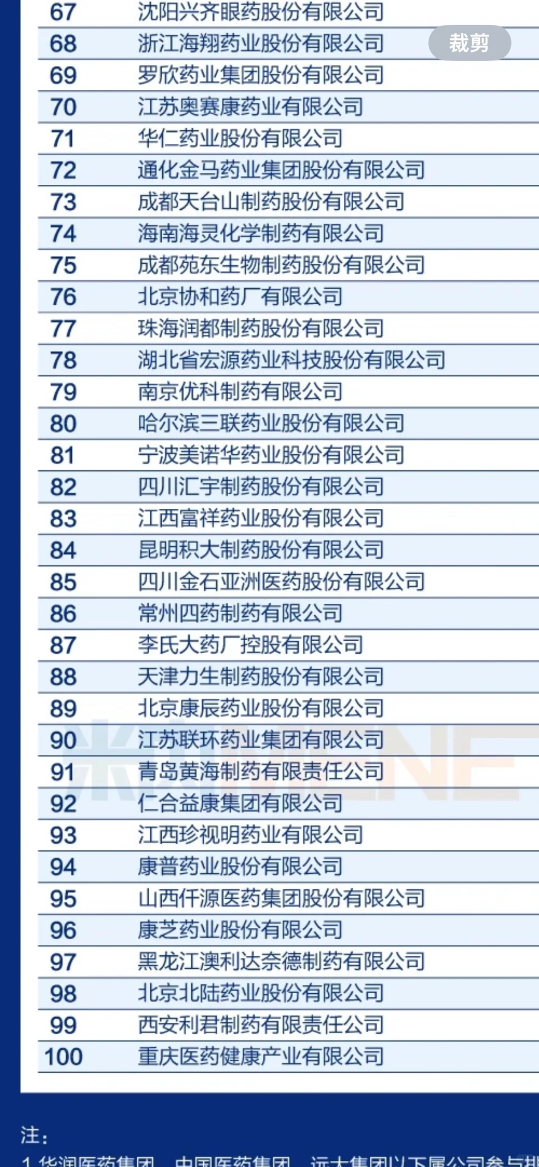 中国化药企业TOP100强