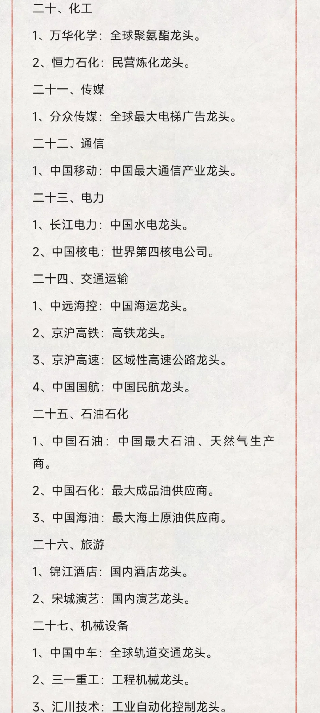 各行业细分龙头（31大行业，建议收藏）