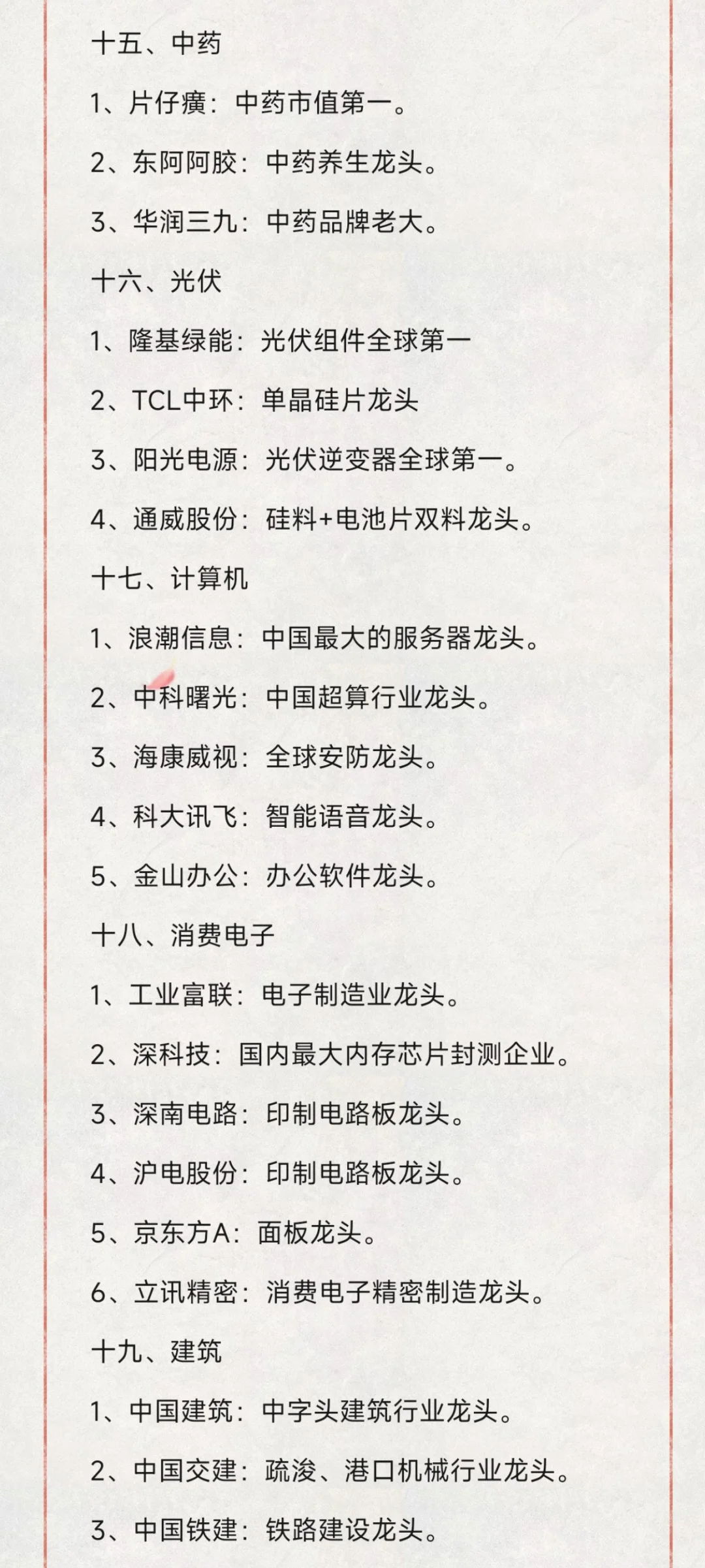 各行业细分龙头（31大行业，建议收藏）