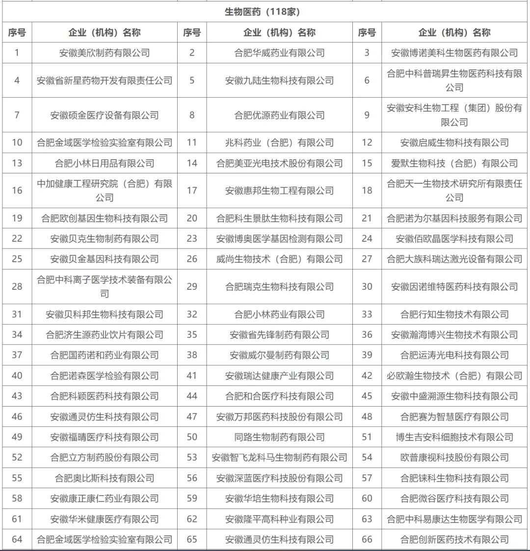合肥重点产业企业名单
