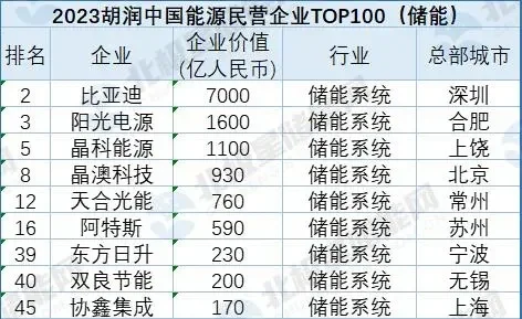 胡润中国能源民企TOP100，48家上榜储能企业