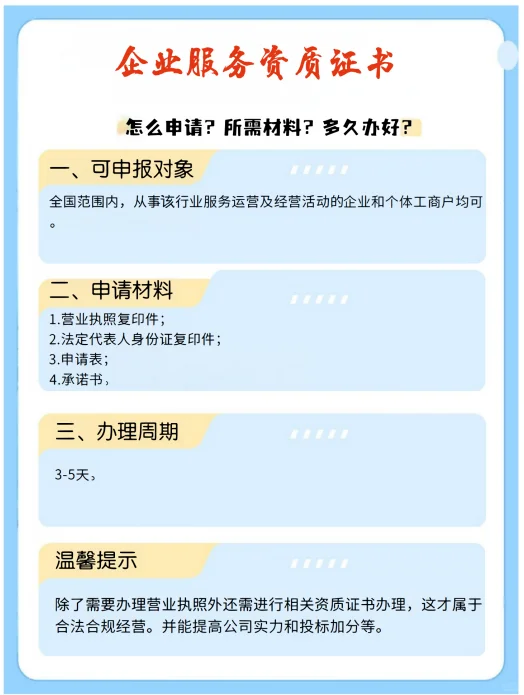 各行业企业服务能力证书 一览表
