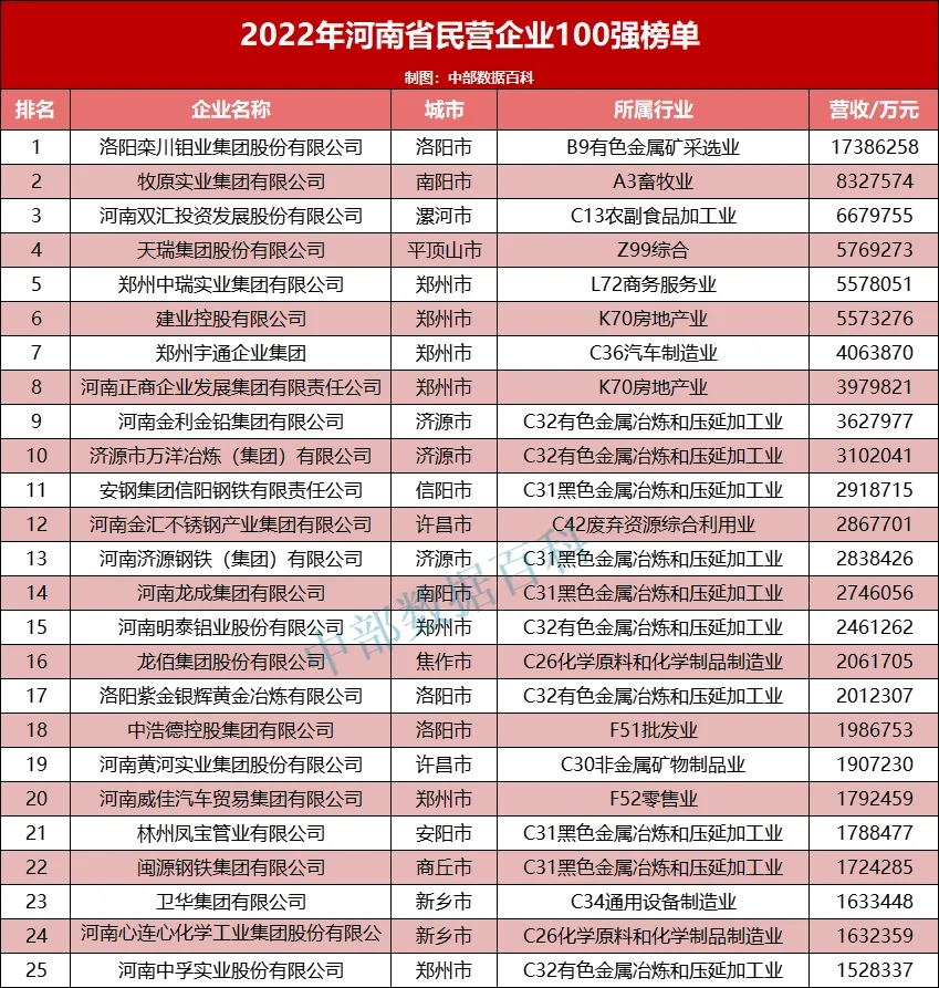 2022年河南省民营企业营收100强公布