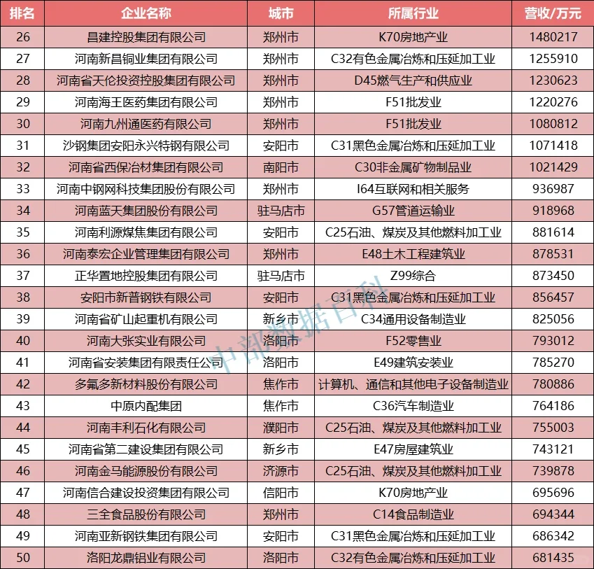 2022年河南省民营企业营收100强公布