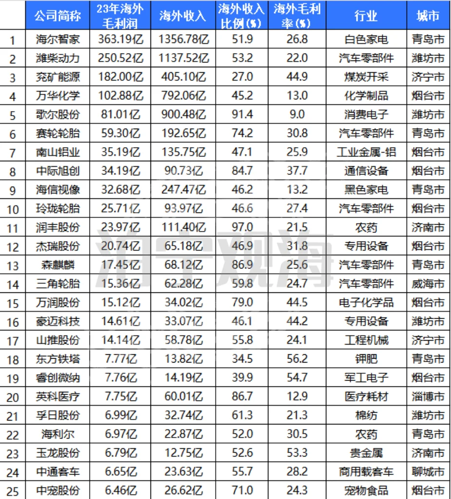 出海最赚钱的50家公司（山东榜）