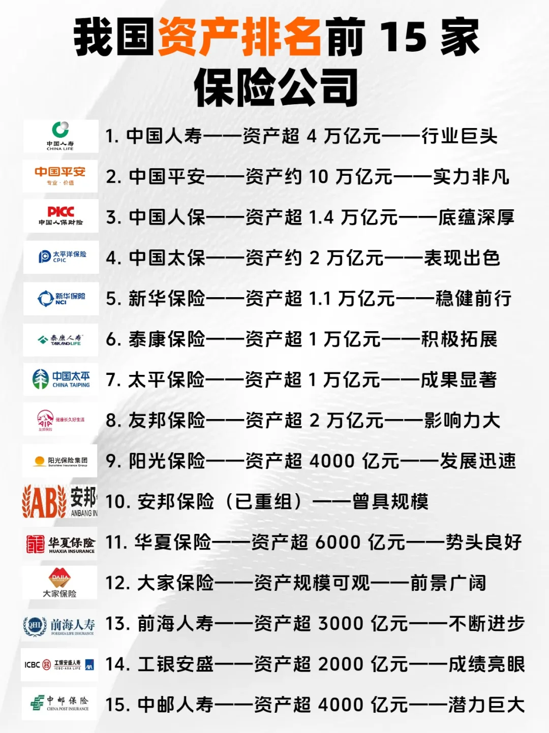 我国资产排名前 15 家葆险公司