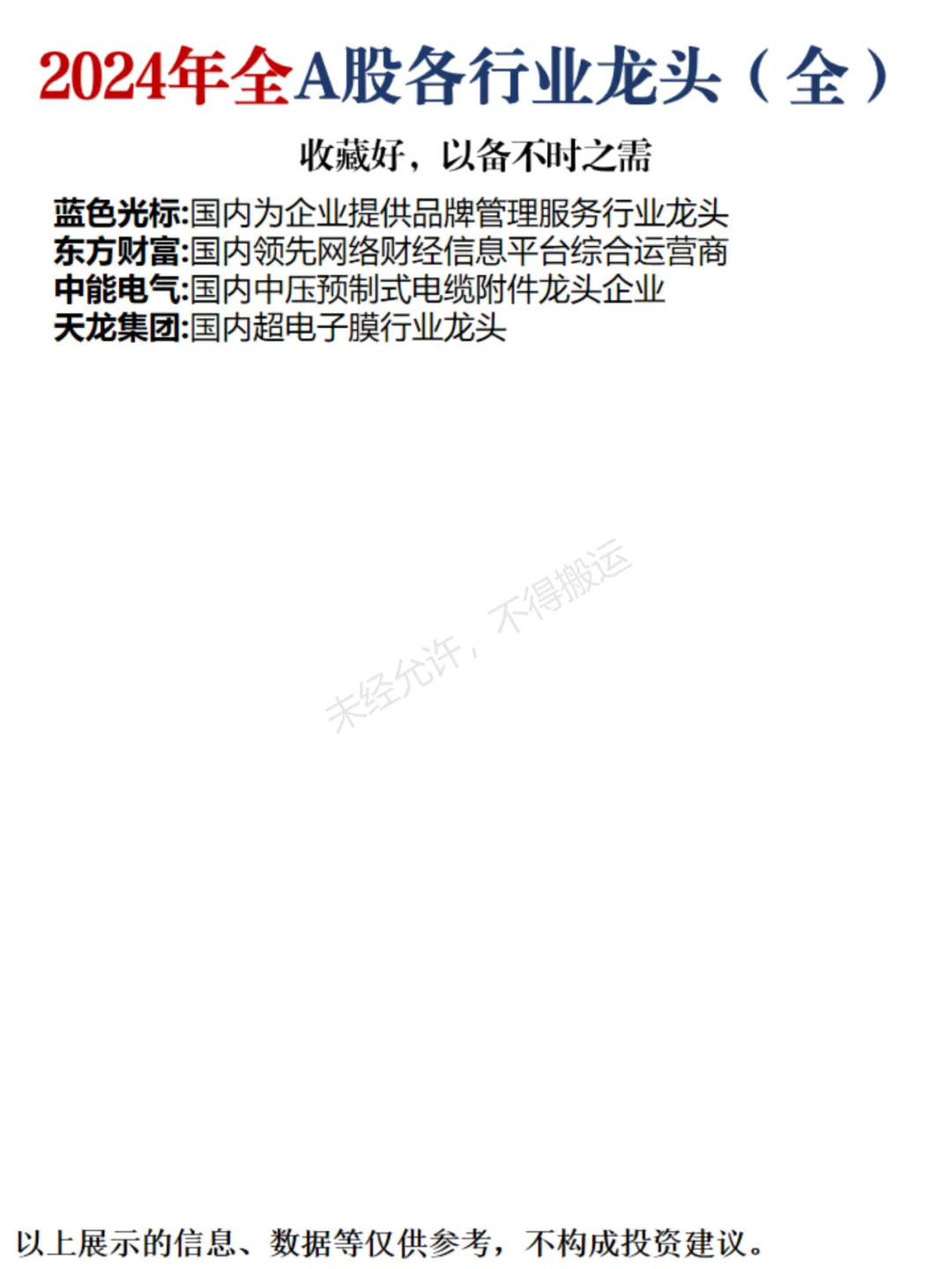 2024年全A股各行业龙头（全）