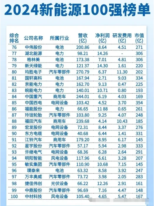 2024年中国新能源100强榜单