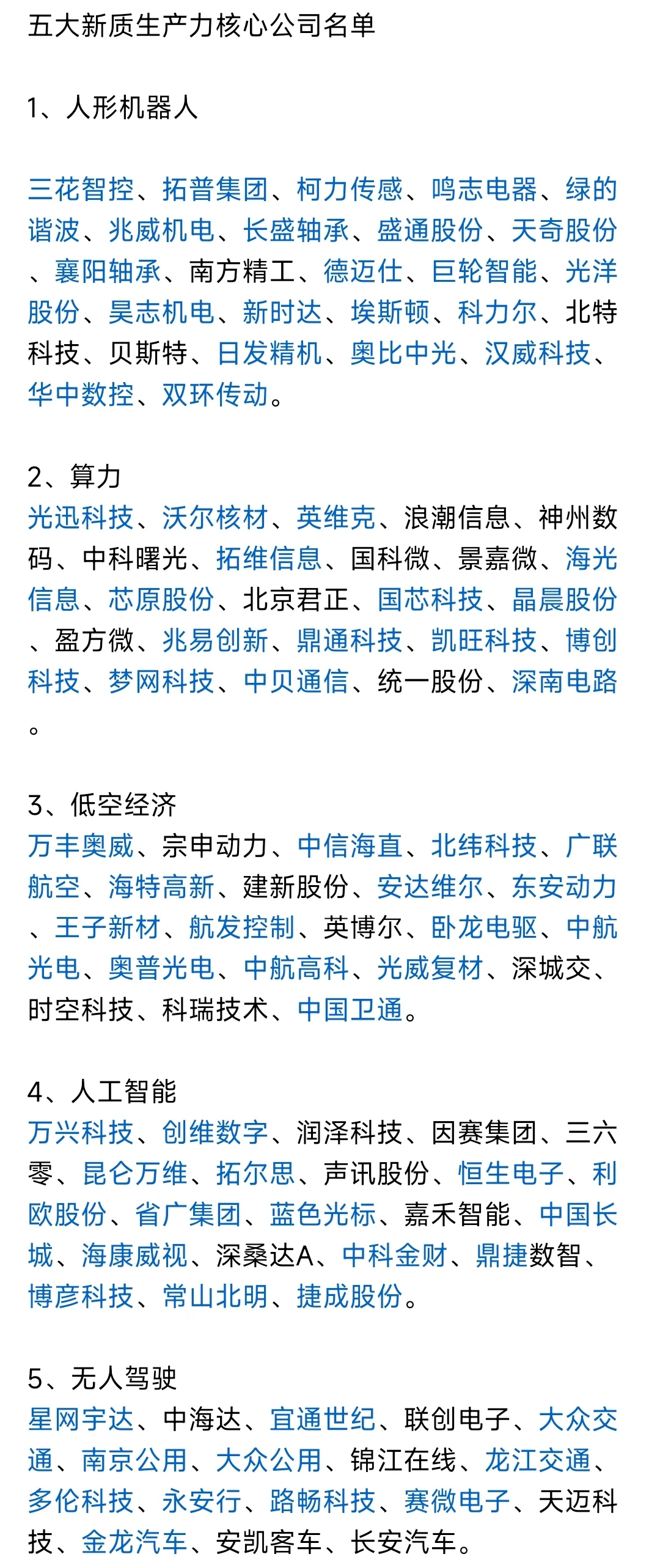 五大新质生产力核心公司名单