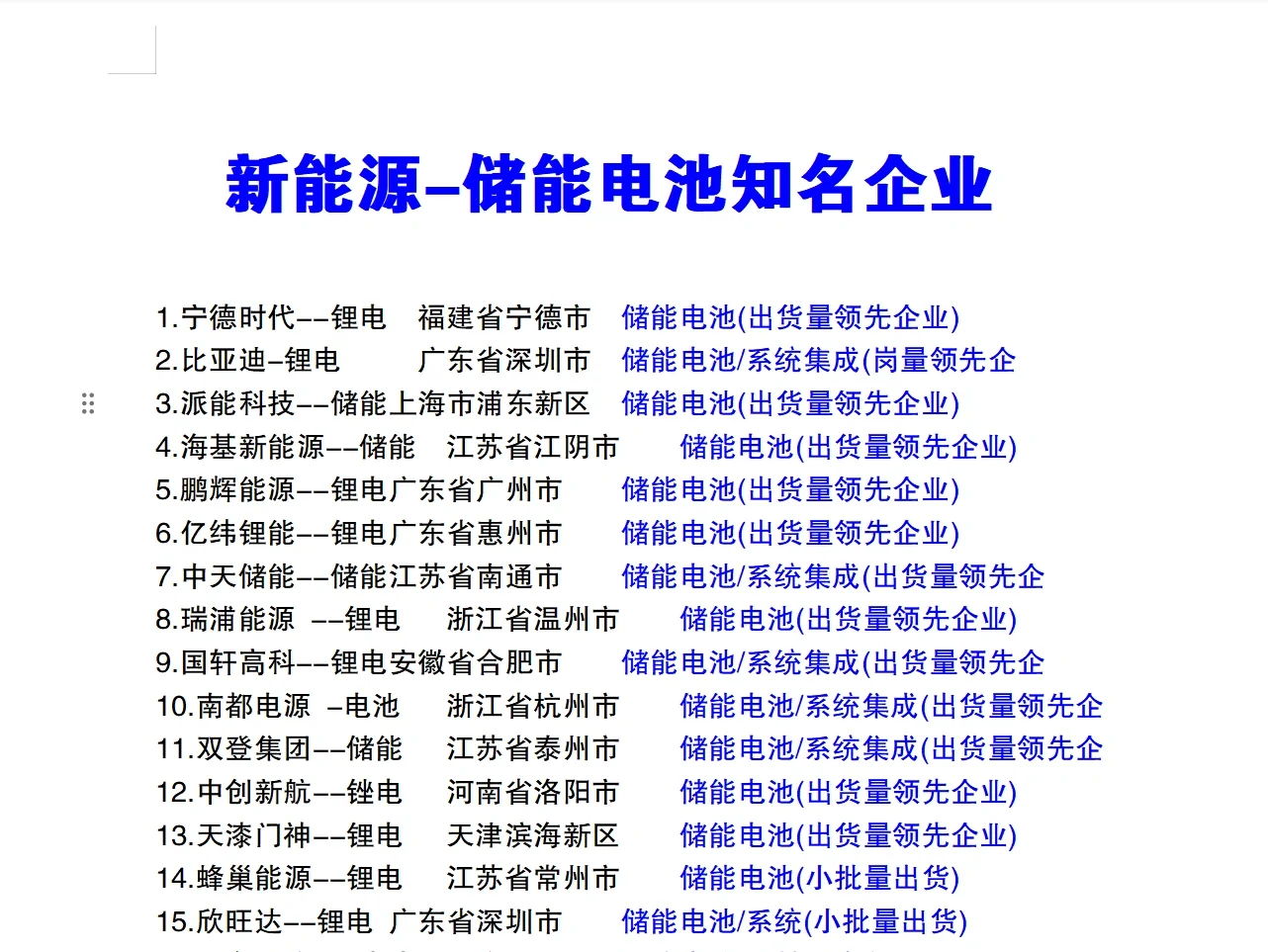新能源-储能电池知名企业