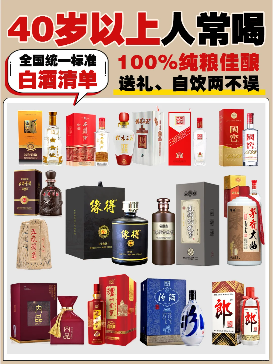 全国统一标准40岁以上人常喝的白酒清单