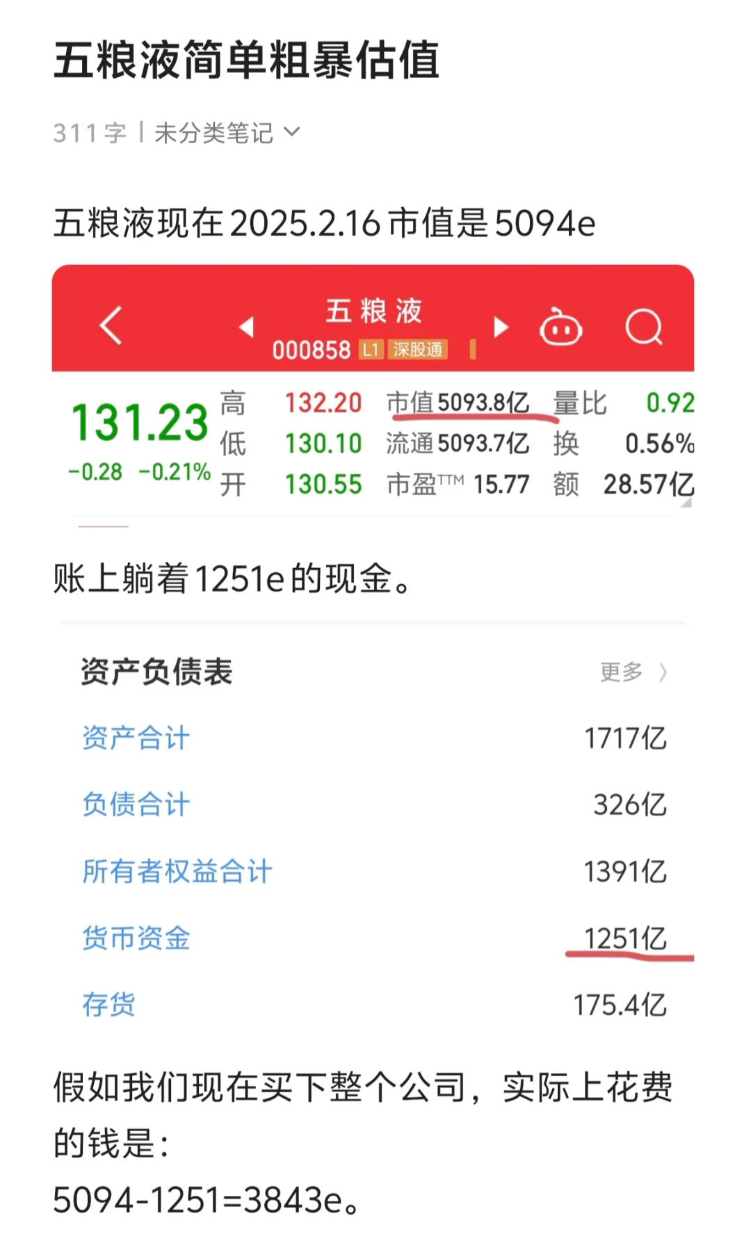 五粮液简单粗暴的估值