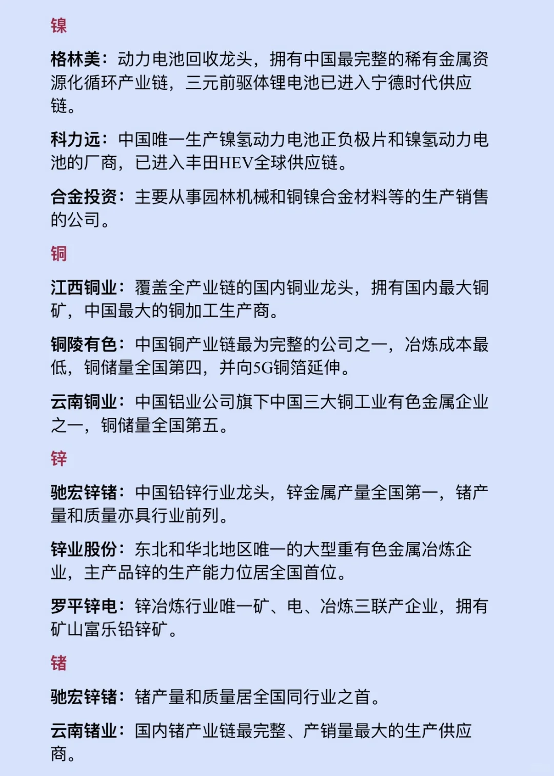 A股：有色金属，最新核心标的公司梳理