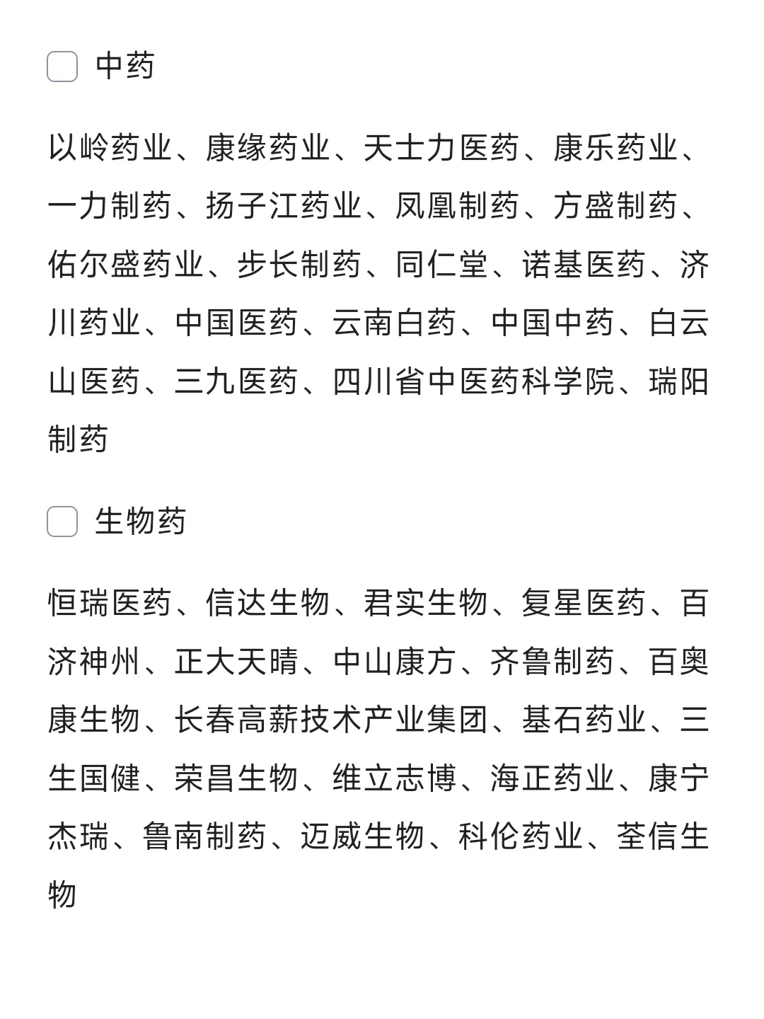 生物医药 细分领域企业汇总?