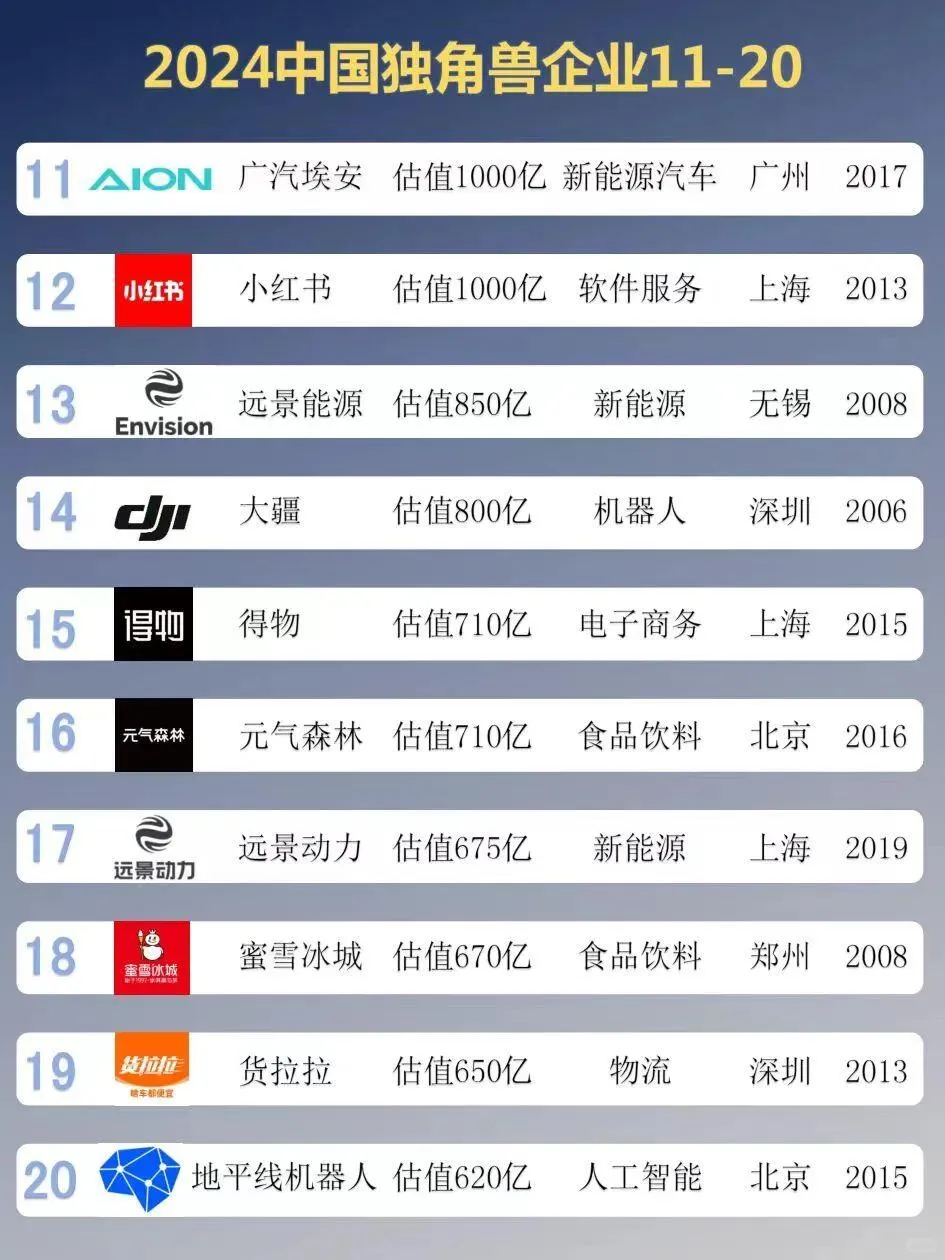2024中国独角兽企业top100榜单 最新！最强