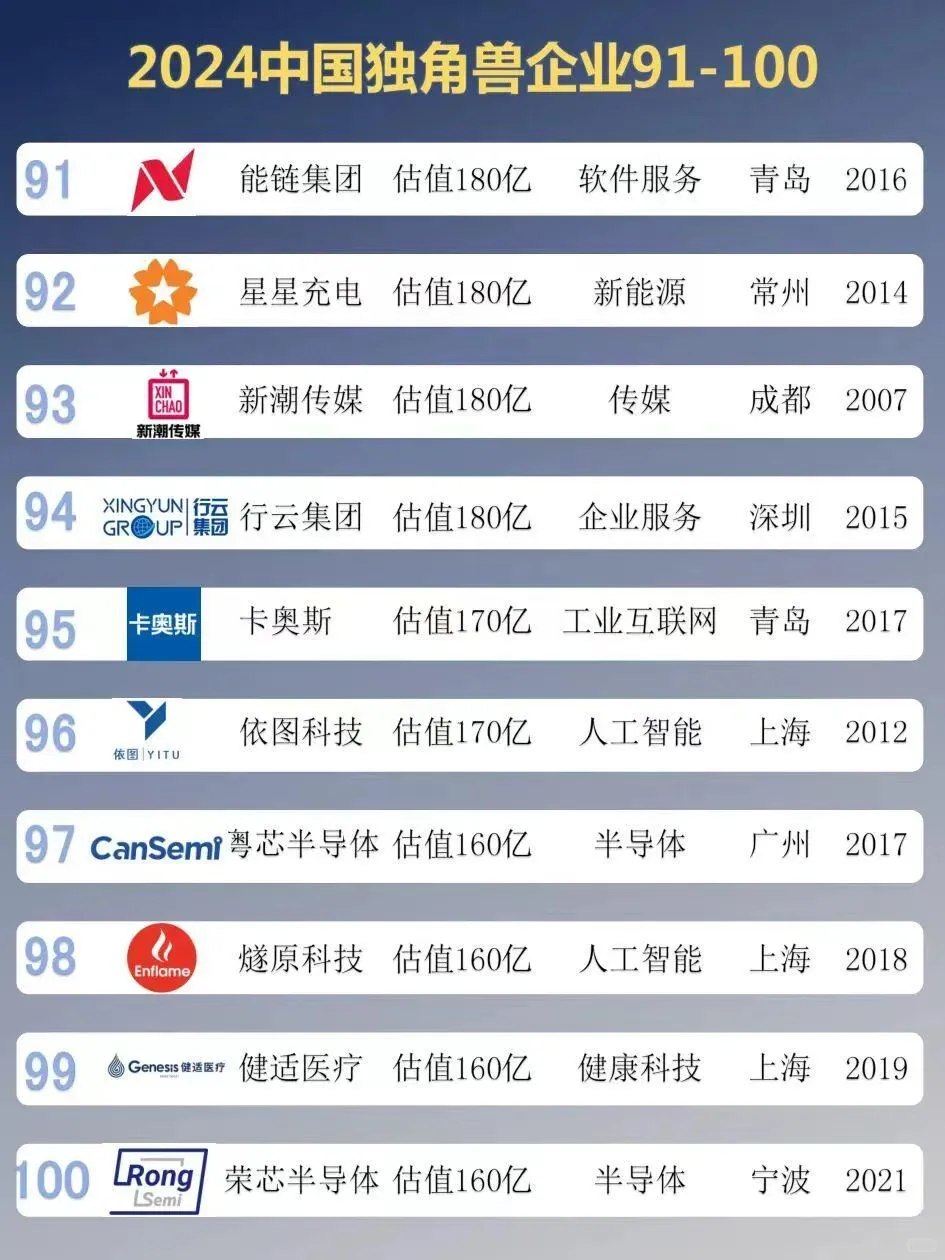 2024中国独角兽企业top100榜单 最新！最强