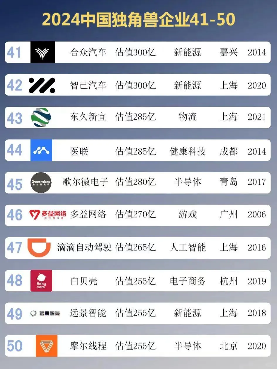 2024中国独角兽企业top100榜单 最新！最强