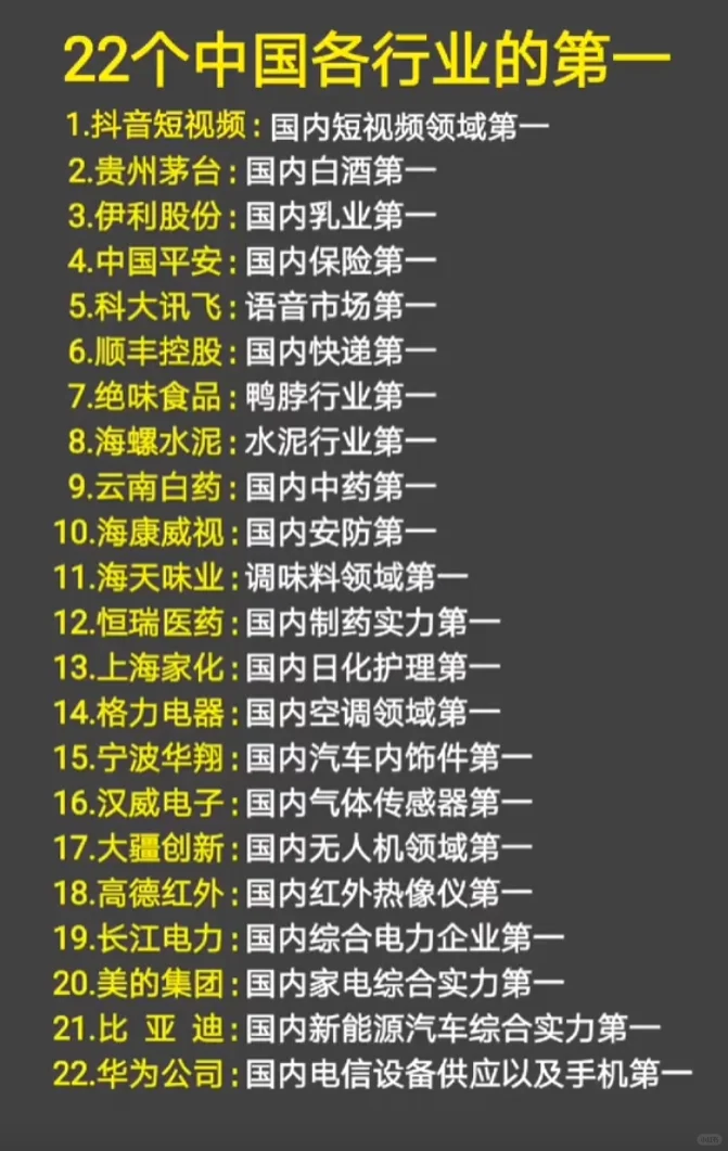 22个中国各行业的第一