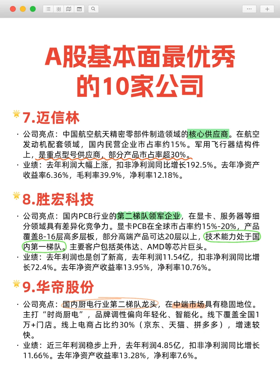 A股基本面最优秀的10家公司