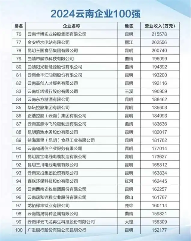2024年云南企业100强