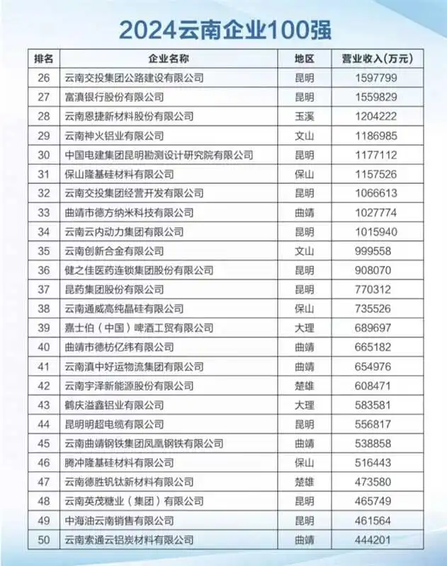 2024年云南企业100强
