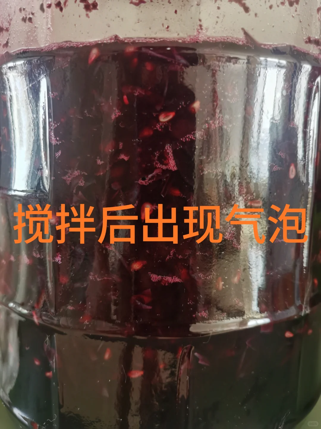 自酿葡萄酒第四天，葡萄皮漂浮出现大量气泡