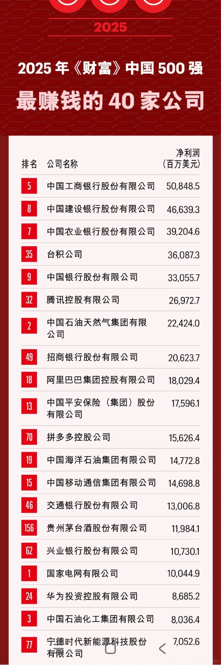 2025年财富中国500强，最赚钱的40家公司