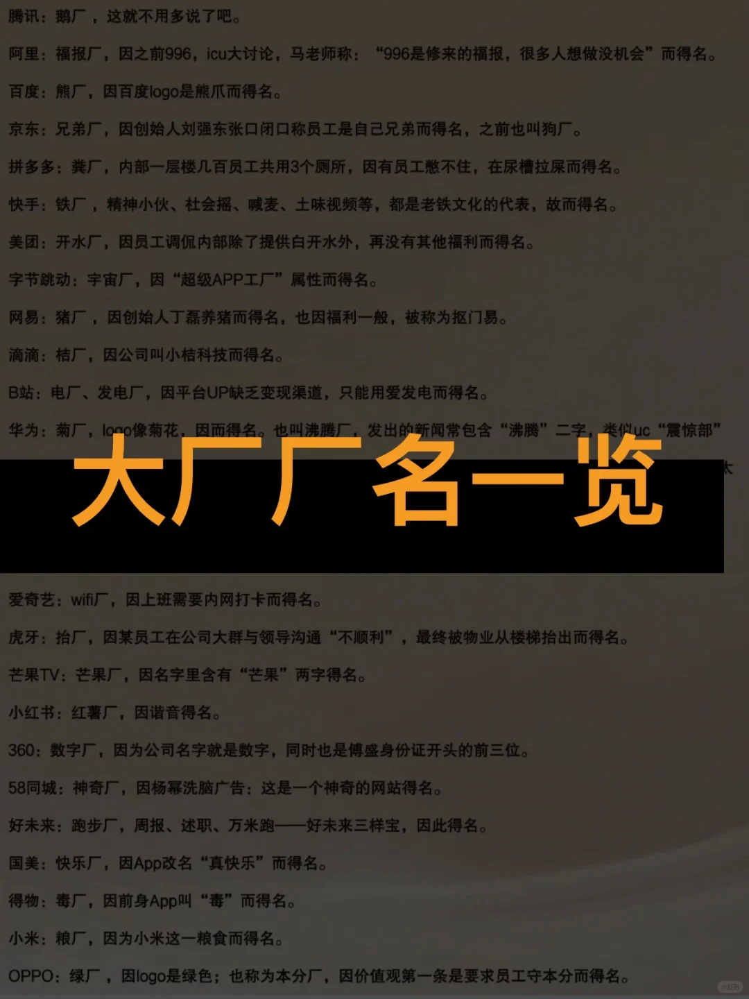 大厂厂名一览