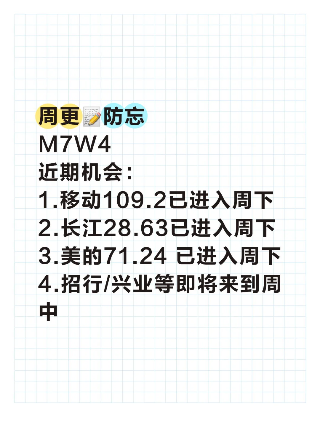 周更?防忘 大金融+大家电+白酒+中药 M7W4