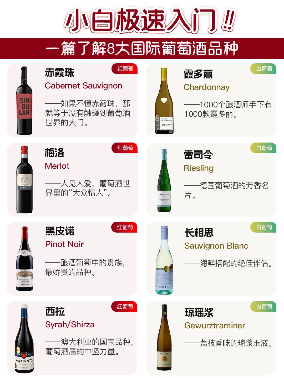 了解这8个葡萄品种，就搞懂90%的葡萄酒❗️
