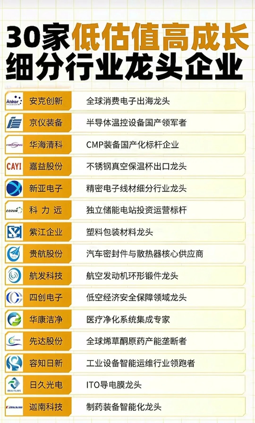 30家低估值高成长细分行业龙头企业