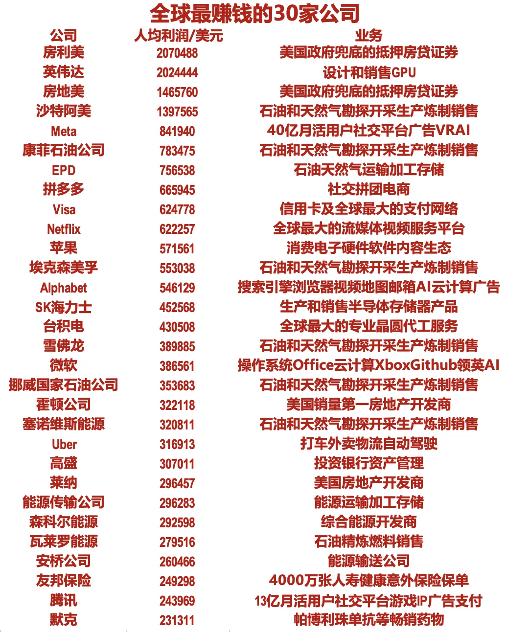 2025年全球最赚钱的30家大公司