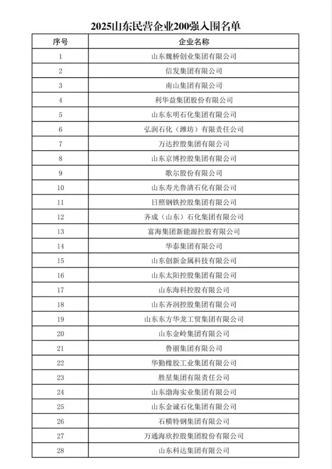 山东民营企业200强榜单来啦