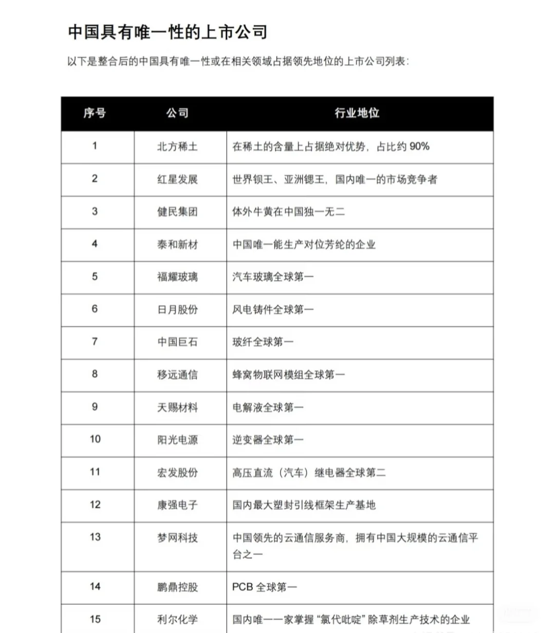 A股具有唯一性的上市公司