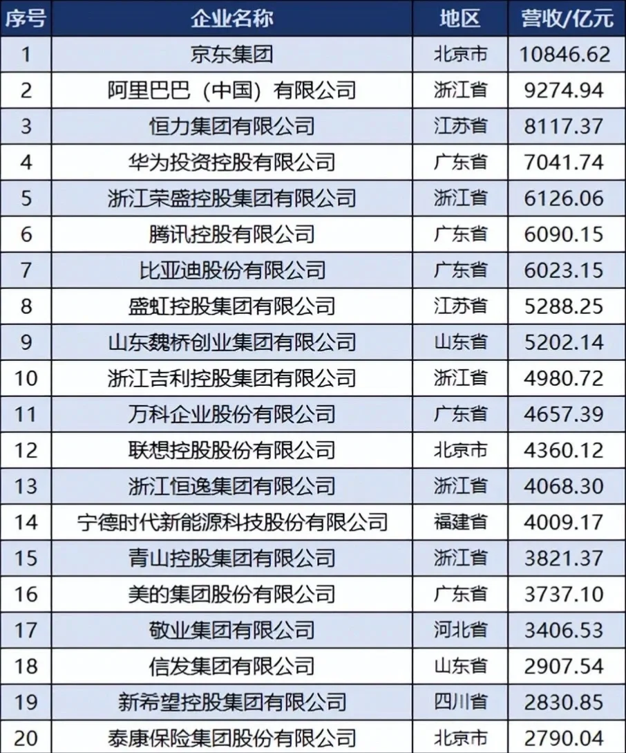 2024中国民营企业排行前20强