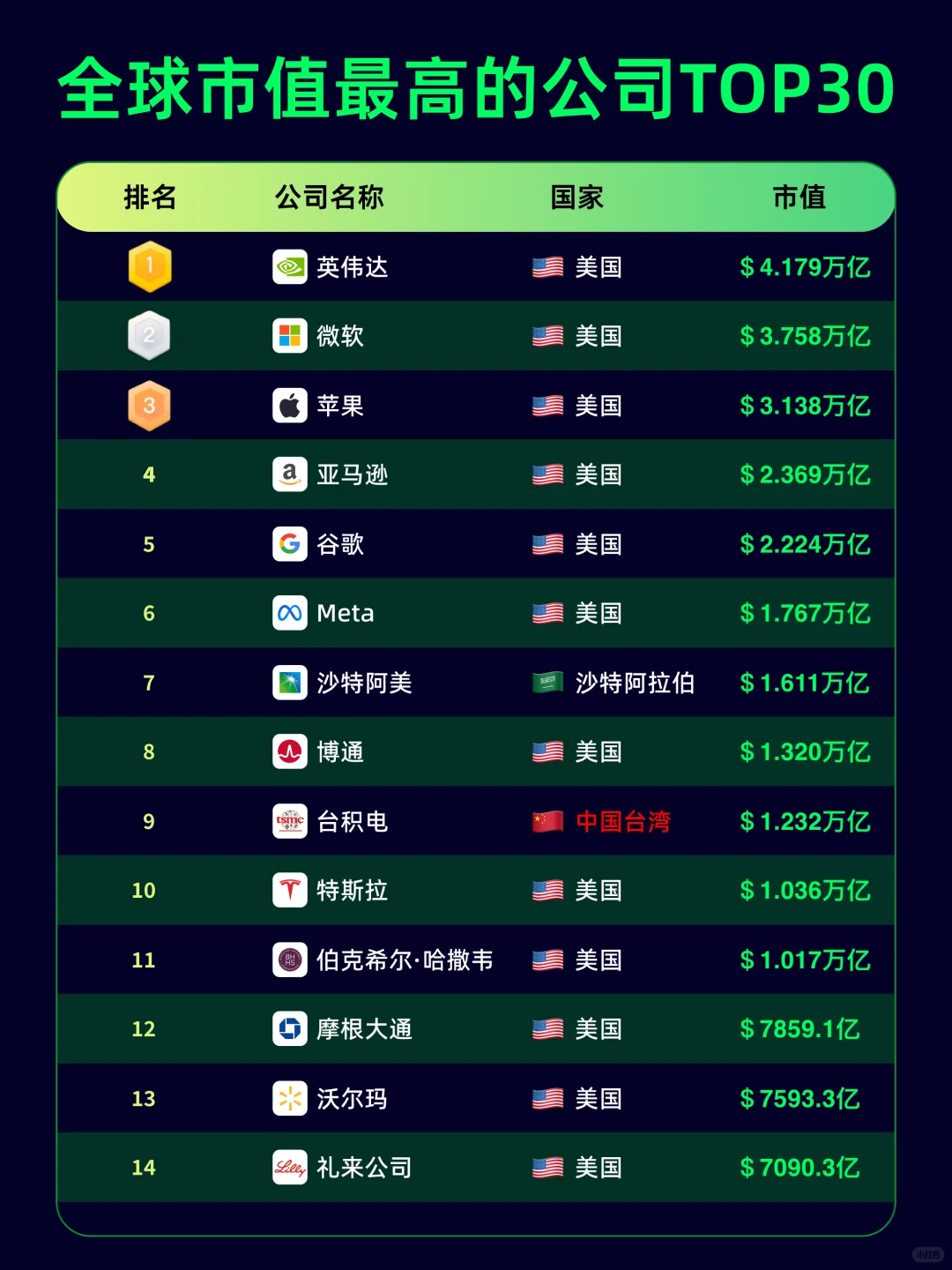 2025全球市值最高的公司top30