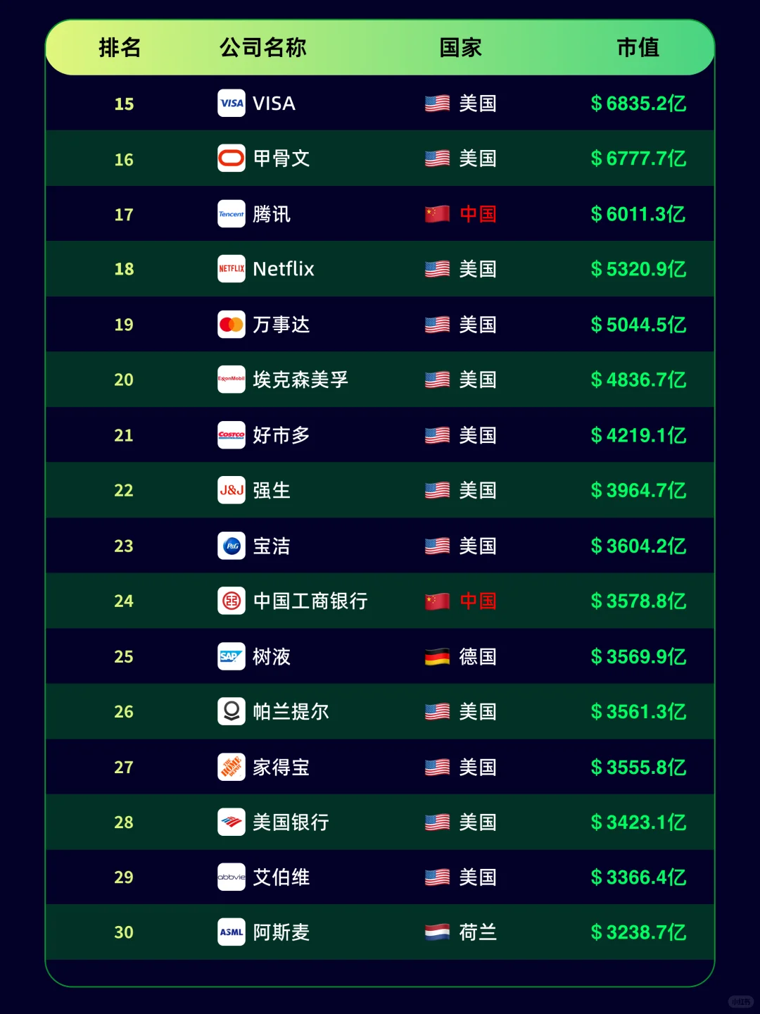 2025全球市值最高的公司top30