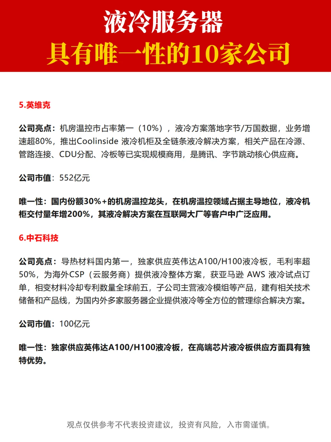 液冷服务器中 ，具有唯一性的十家公司！