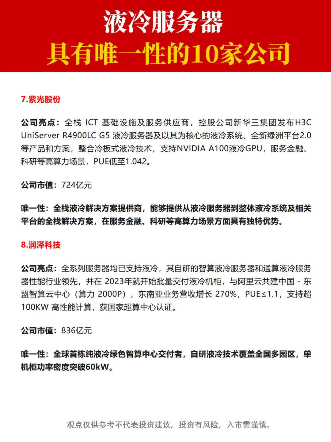 液冷服务器中 ，具有唯一性的十家公司！