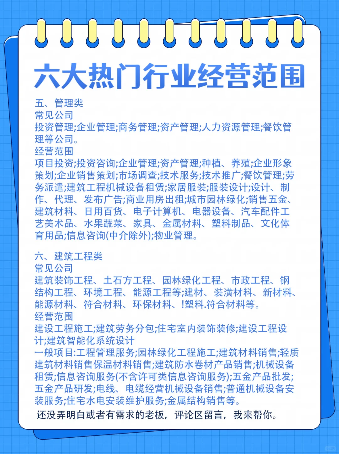 六大热门行业经营范围！