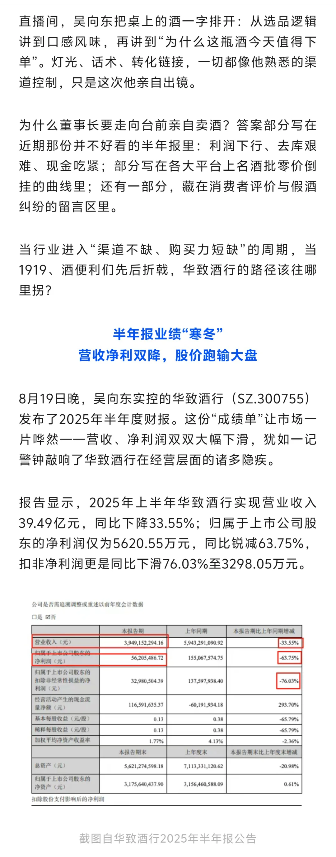 吴向东亲自上阵直播卖酒，华致酒行业绩承压